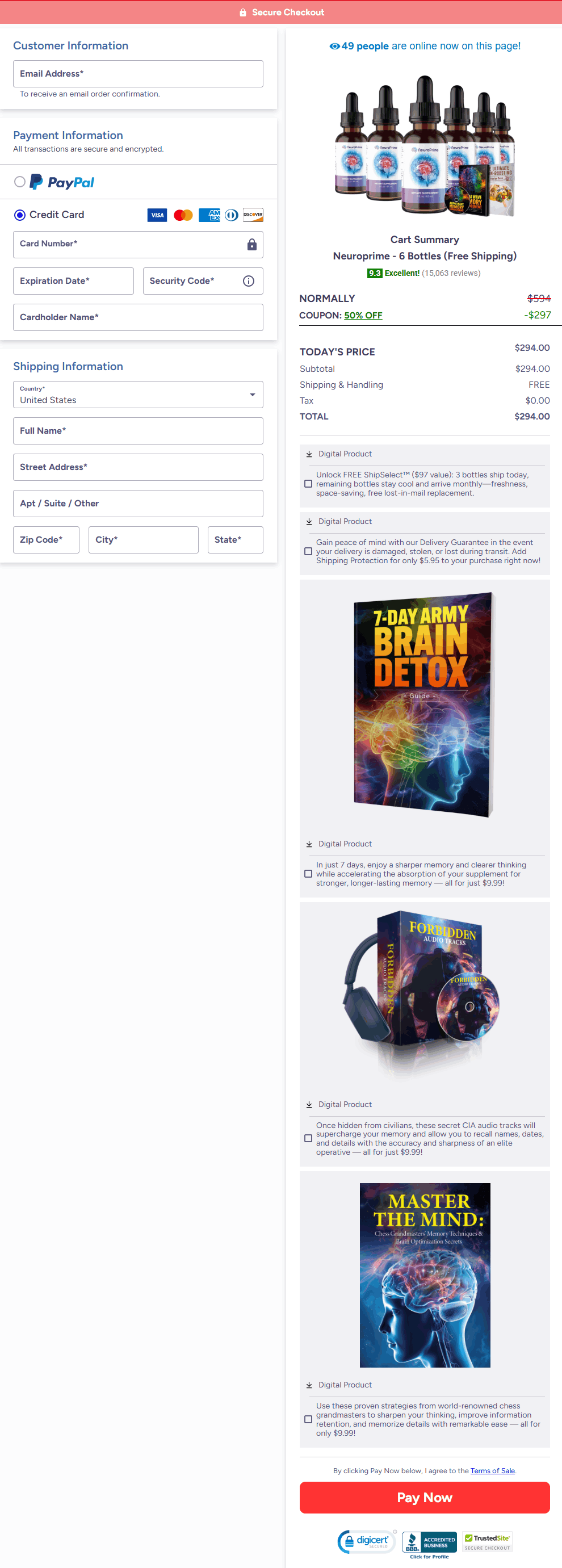Secure NeuroPrime checkout page with encrypted payment protection