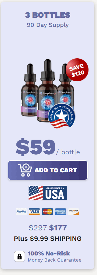 NeuroPrime 3 bottles 90 day supply package with USA quality badge and $59 per bottle savings offer