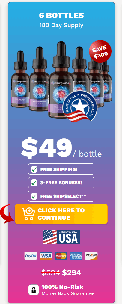 NeuroPrime 6 bottles 180 day supply package with free shipping and best value pricing at $49 per bottle